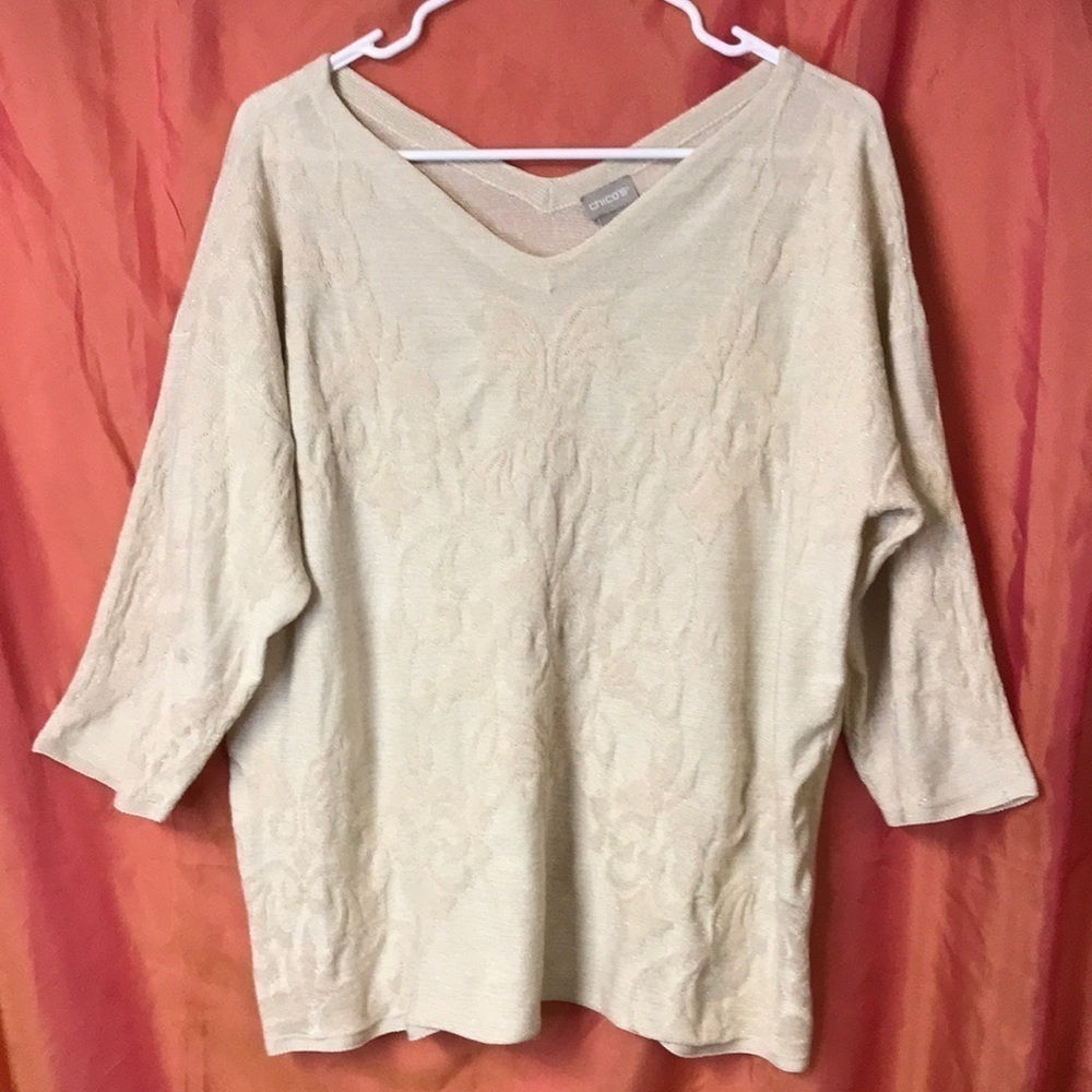 CHICO’S Women’s Pullover Sweater V Neck XL Cream With Subtle Metallic Sparkles